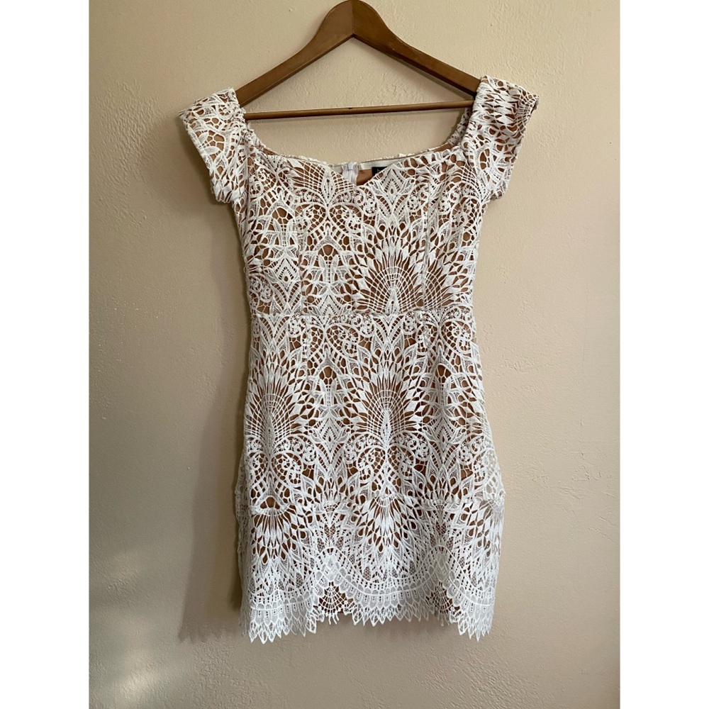 White Lace Overlay Bardot Mini Dress